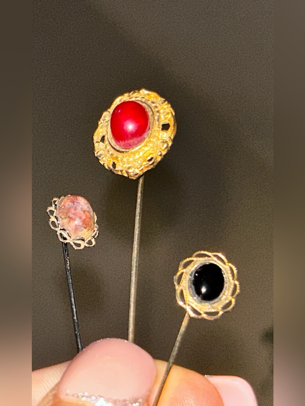 Gold-Tone Stick Pins GRed, Black & Various Shades of Brown GORGEOUS EUC - Lot 3
